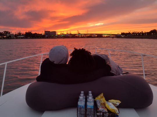 Romantic city lights trip on beanbags on 42 ft Bertram 