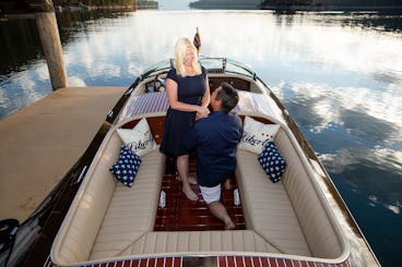Want to get engaged on a wooden boat on Lake Tahoe? Book the 34' Hacker-Craft