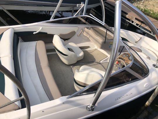 Speed Boat with Tower Rack at Private Dock on Geist Reservoir