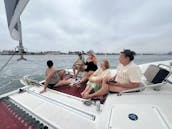 Navegación en catamarán por la bahía de San Diego, espaciosa y estable, navega con un gato divertido