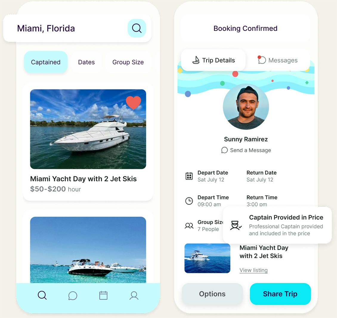 Mobile app images highlighting features of search and booking trip with captain included in price