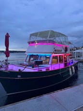 Classic Trawler for Lake Union Lake WA tours, Karaoke system, 2 eFoil boards
